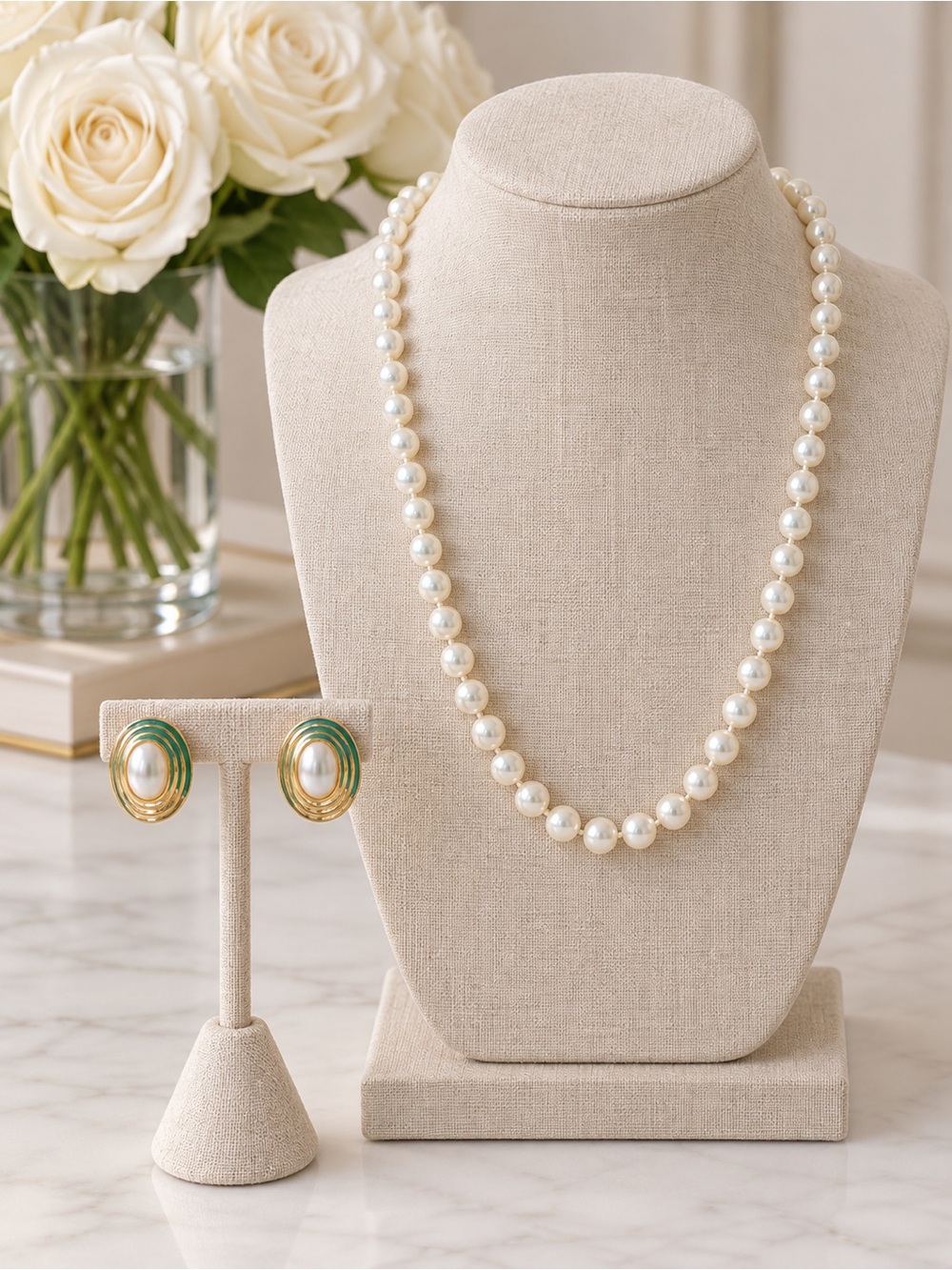 Classic Ivory Pearl Necklace with Gold-Trim Vintage Pearl Earrings